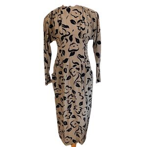 Vintage 90s Brown Silk Studio Floral Long Sleeve Pleated 10 Button Up Midi Dress